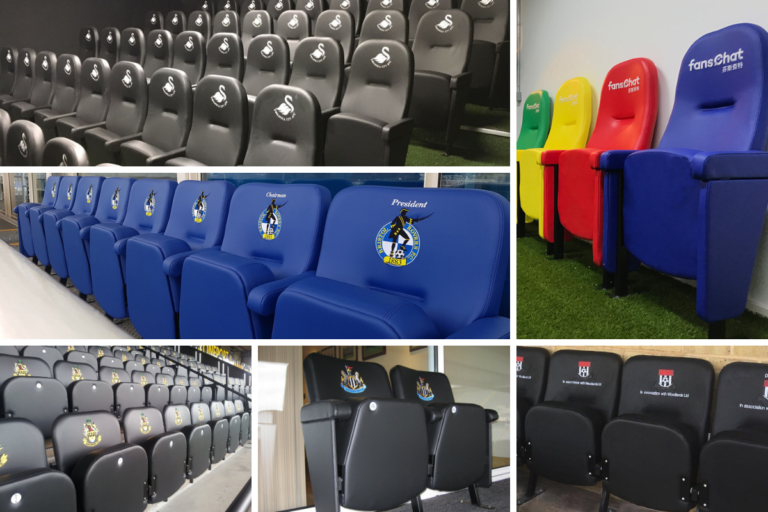Installations of Evertaut executive stadium seating with clubs’ embroidered logos on seat backs