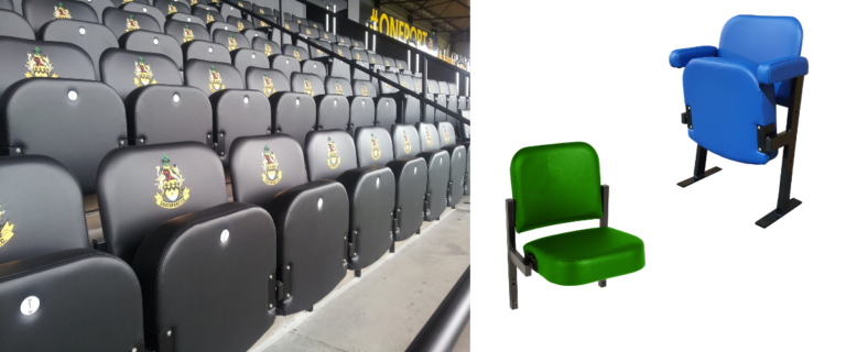 An installation of Evertaut’s Club executive stadium seating and separate close-up images of individual Club seats