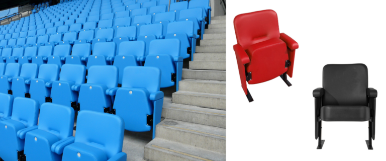 Individual images of Evertaut’s VIP executive stadium seating and an installation of the seating in a football stadium